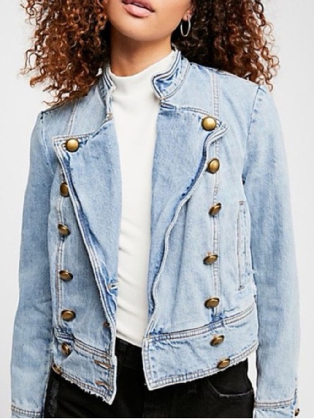 Free People Light Blue Denim Military-Style Jacket
